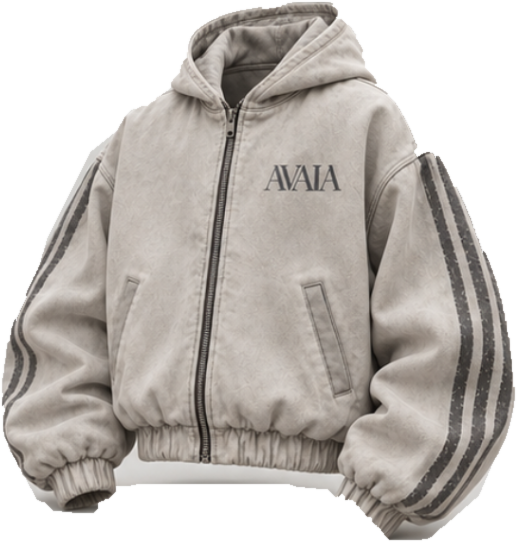 Nahansicht der AVAIA Brustschrift, Kapuze und des Frontreißverschlusses am stonefarbenen Zip-Hoodie